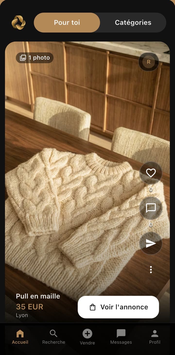 Écran d’accueil de Rivoza sur iPhone, fil vidéo « Pour toi »